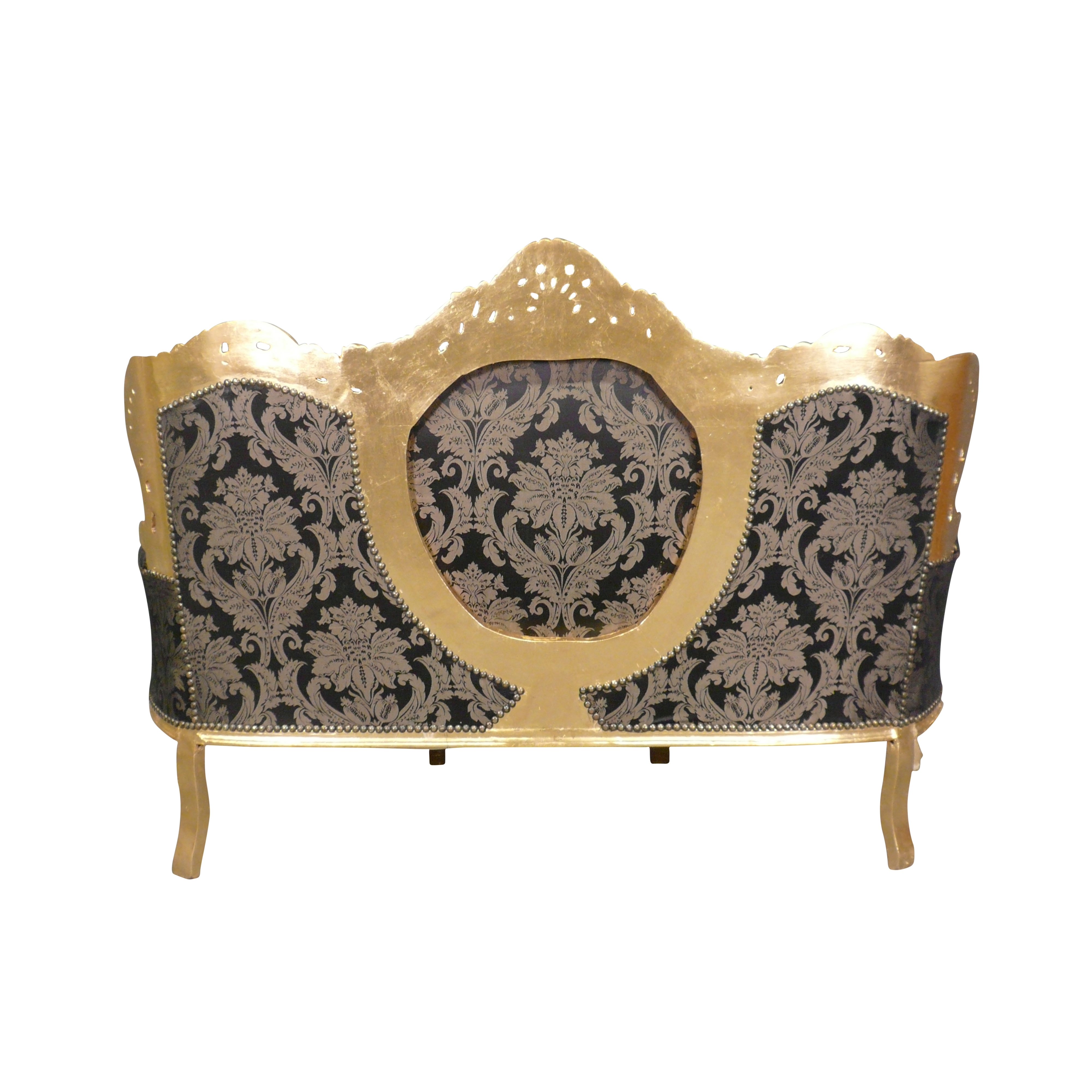 Canapé baroque en bois doré et tissu noir fleuri 2 Canapé baroque de salon en bois doré et tissu noir fleuri